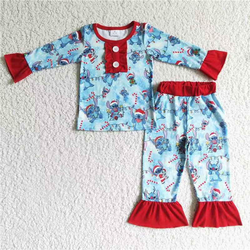 GLP0157 Stitch RTS blue Christmas cartoon long sleeve girl pajamas outfit 20230530