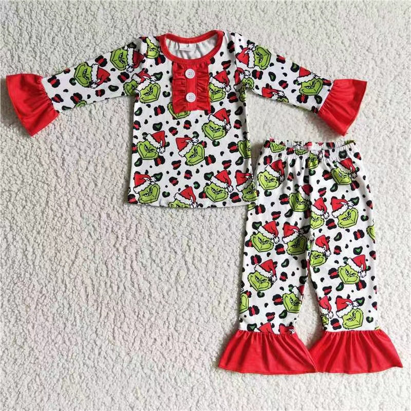 promotion GLP0214 merry Christmas green grin long sleeve girl pajamas outfit RTS 20230520