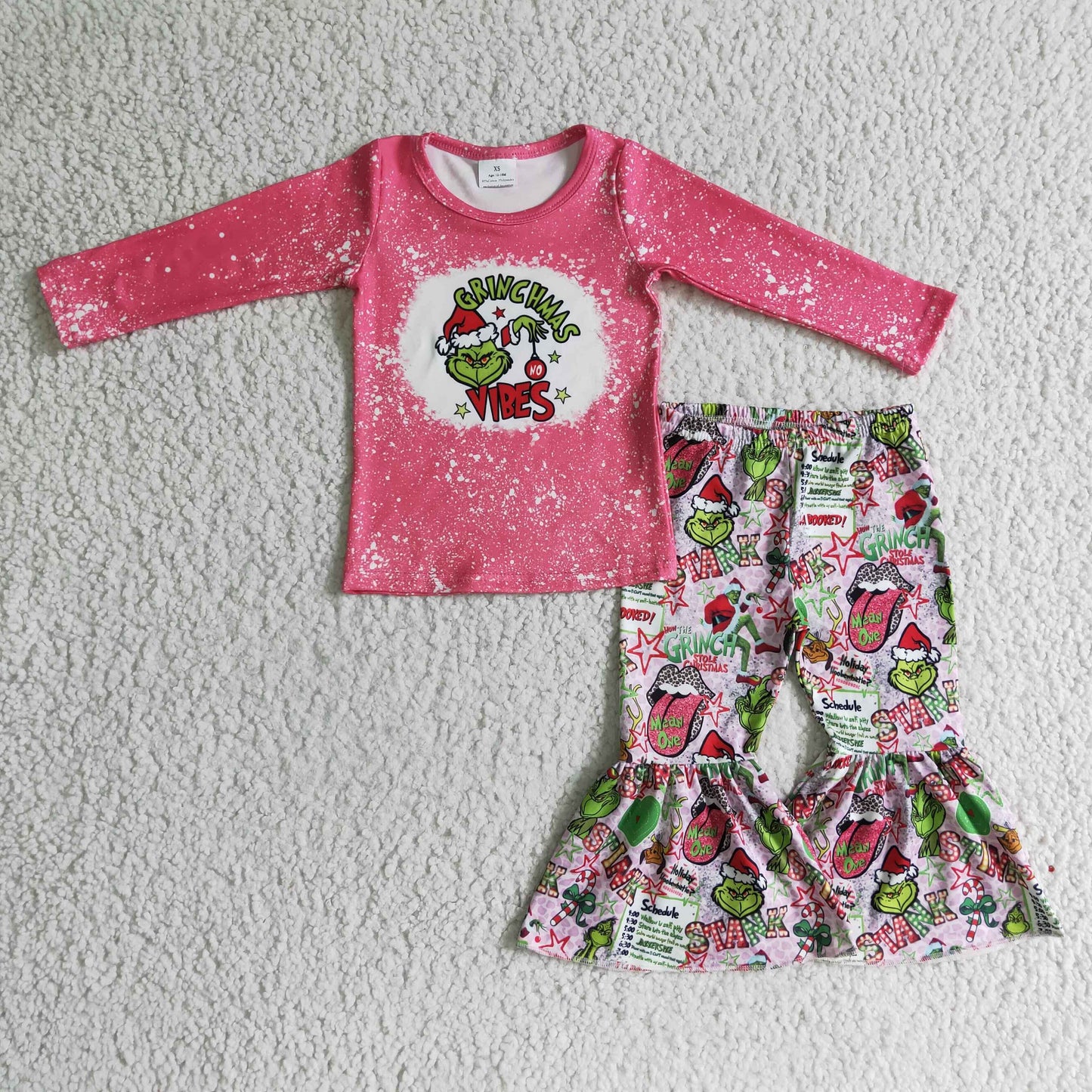 Promotion RTS GLP0283 christmas grinch pink long sleeve bell bottoms girl outfit