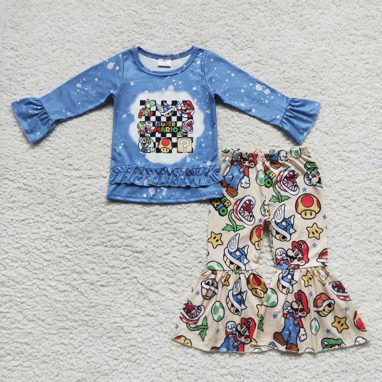 GLP0584 RTS Cartoon mario long sleeve blue bell bottom heart girl outfit 20230925 RTS