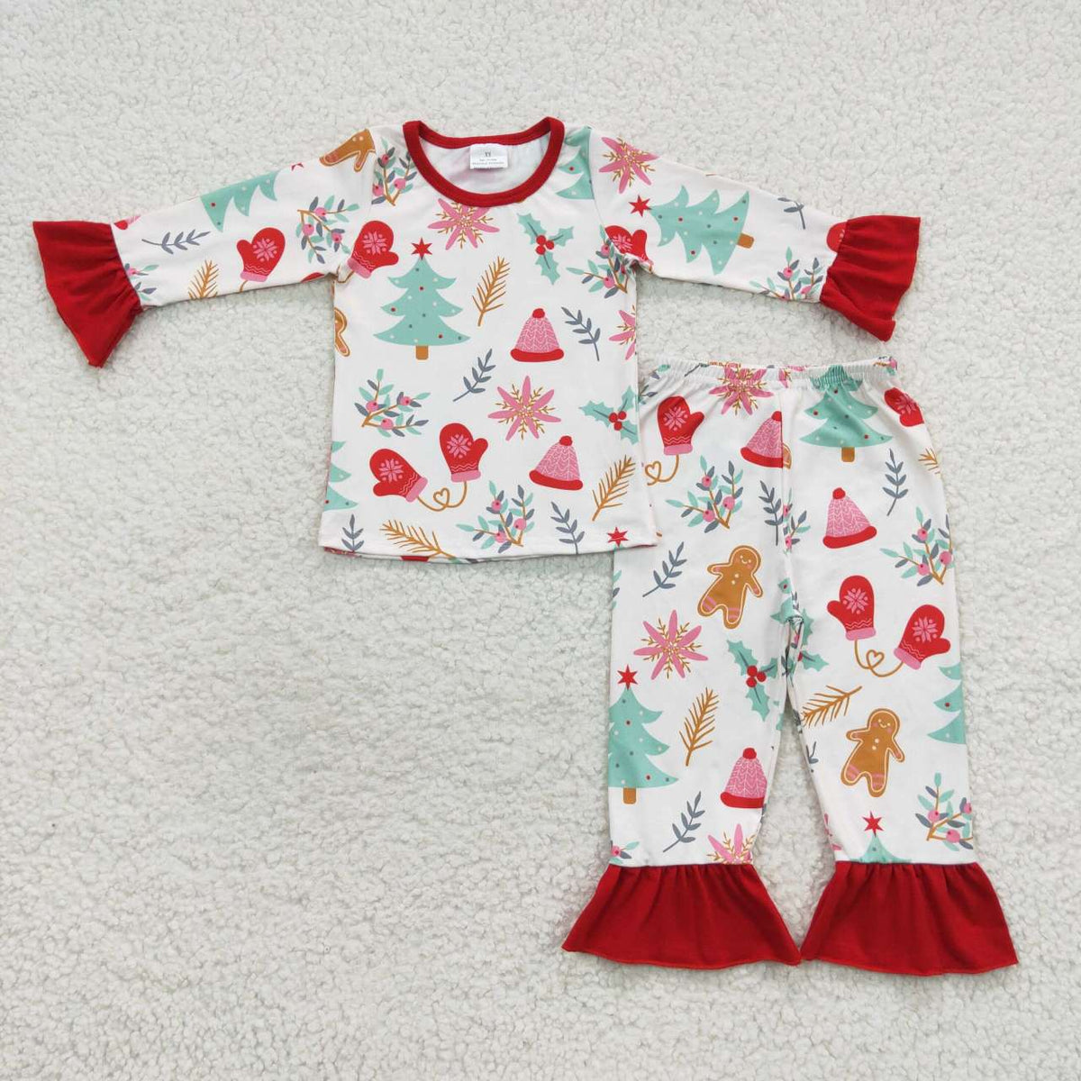 NO MOQ RTS GLP0636 Baby Girl Clothes Christmas Gingerbread Tree Mixed Print Long Sleeve Ruffle Flare Pant Pajama Set 202610