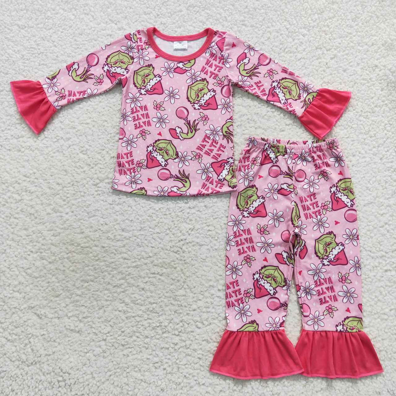 GLP0656 RTS Christmas grinch pink long sleeve kids girl pajamas outfit 202230920