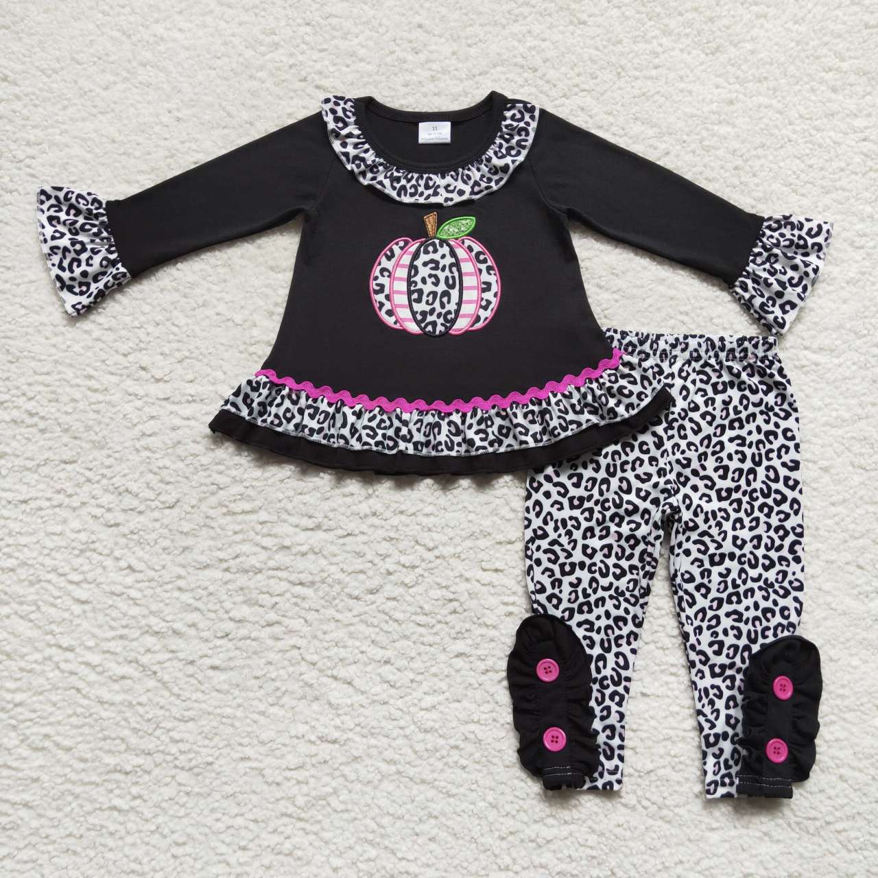 GLP0717 preorder embroidery leopard Halloween pumpkin long sleeve kids girl outfit 20230925 RTS