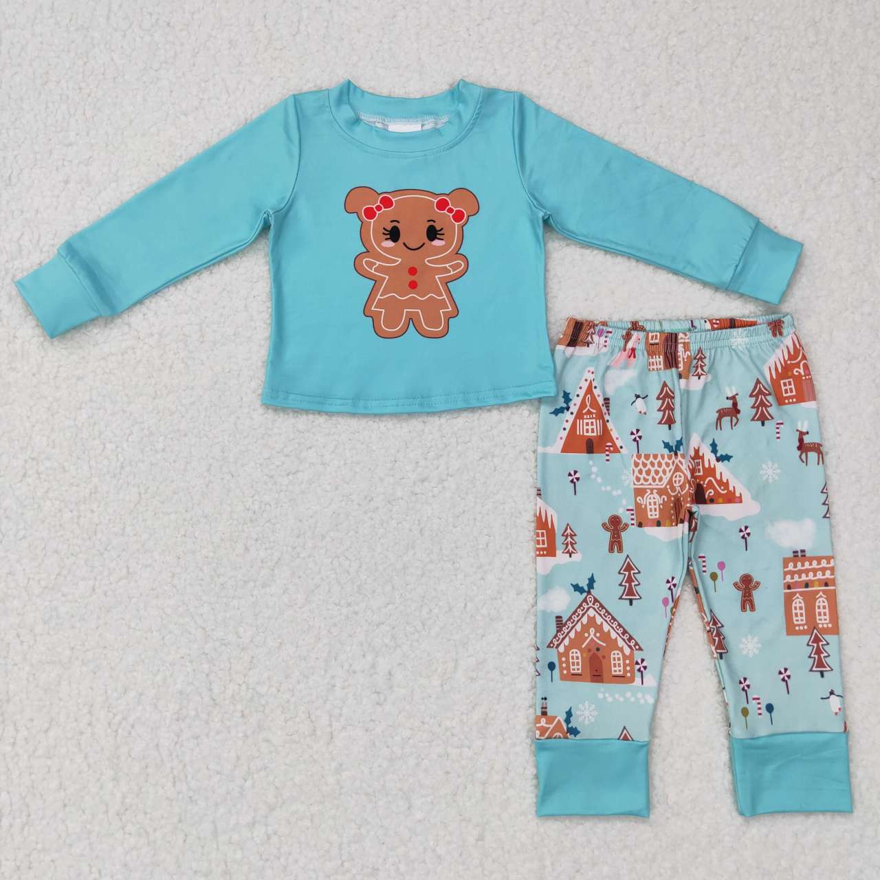 GLP0778 RTS Christmas ginger bread long sleeve kids girl green pajamas outfit 20231011