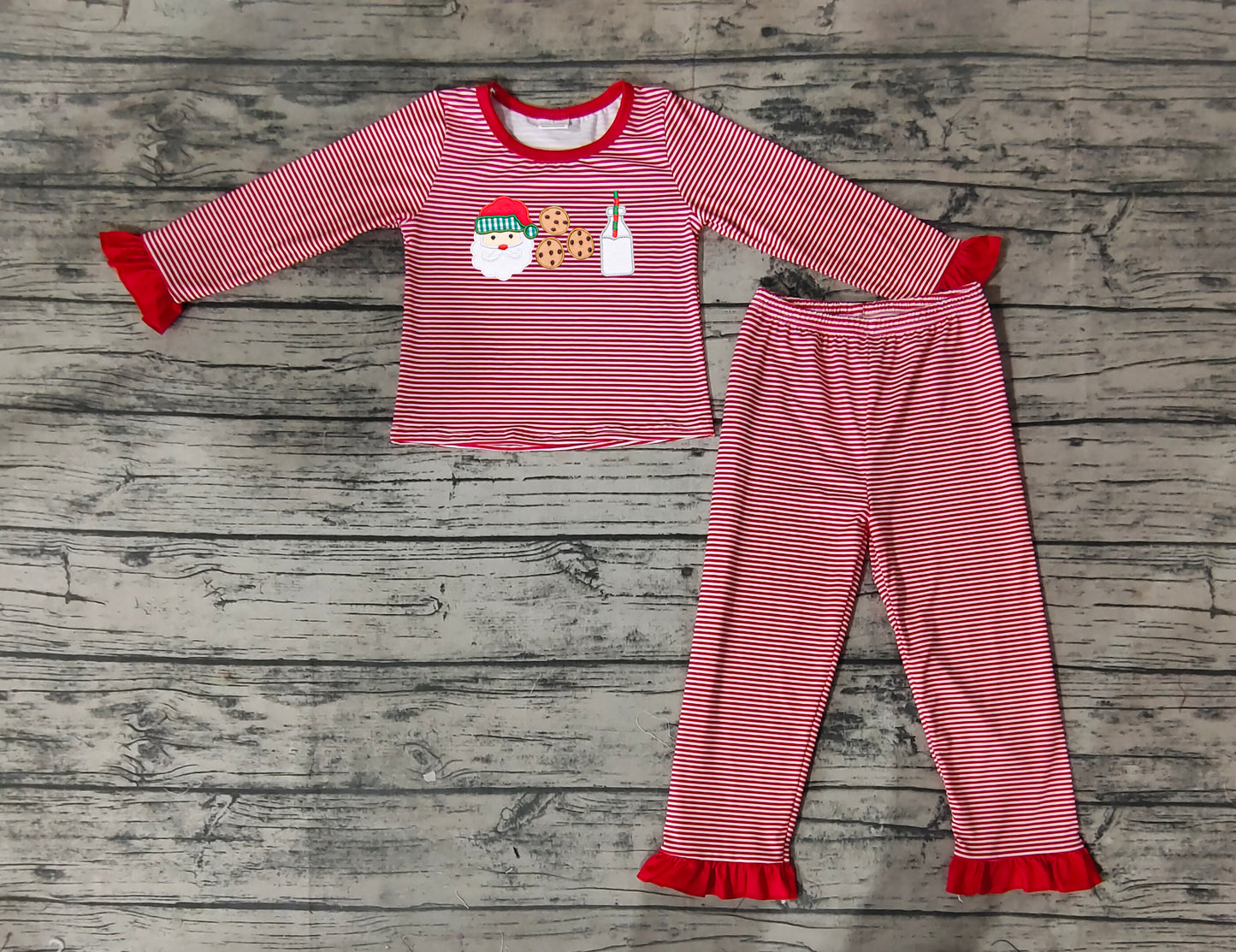 GLP0873 RTS Christmas Santa stripe embroidery long sleeve kids girl pajamas outfit 202231024