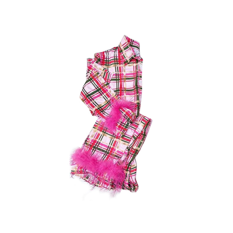 GLP0955 fluffy fur Christmas santa checkerboard long sleeve girl pajamas outfit preorder 20231009