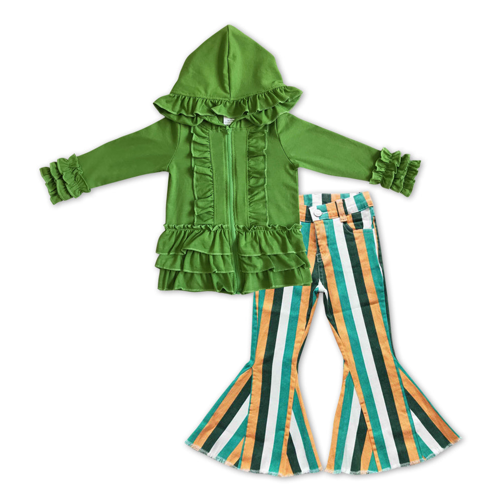 GLP1046组合 cotton hoodie zip green yellow denim jeans girl outfit 20231108 RTS
