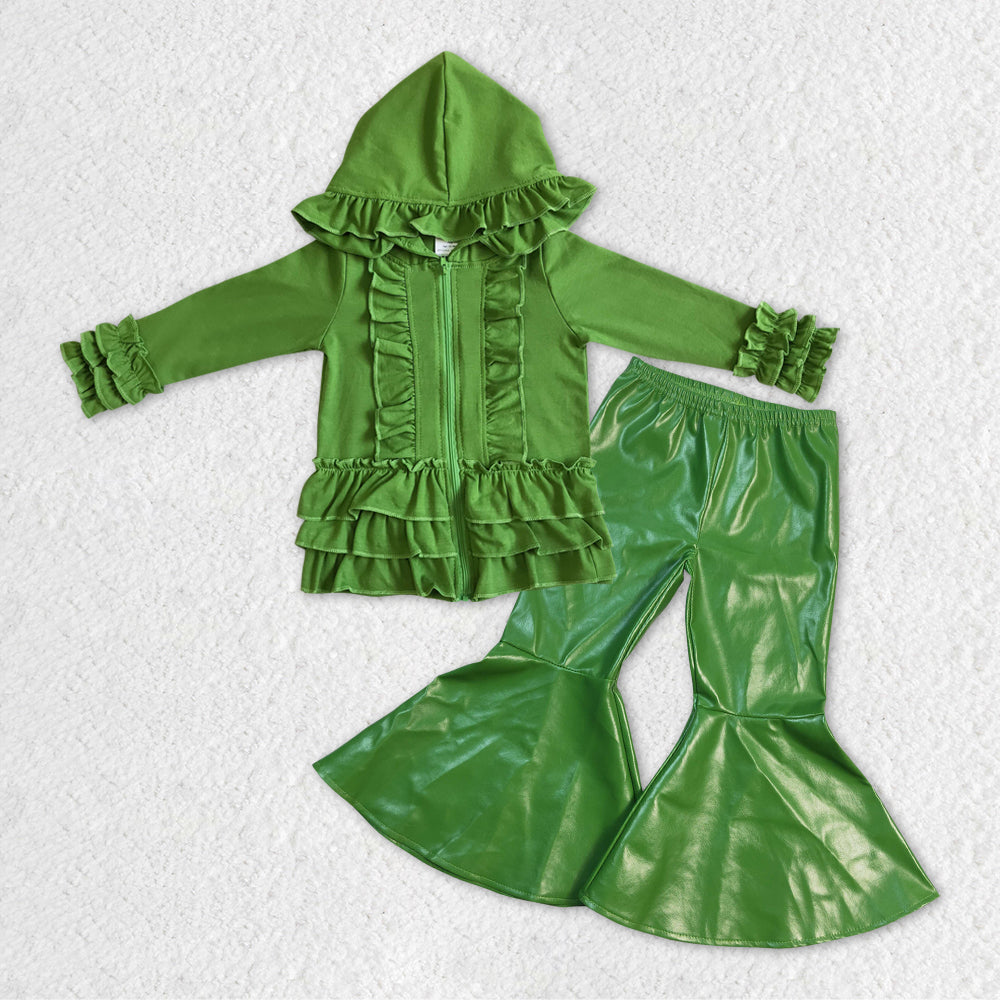 GLP1056 hoodie ruffle green cotton solid long sleeve sequin girl outfit 20231111 RTS