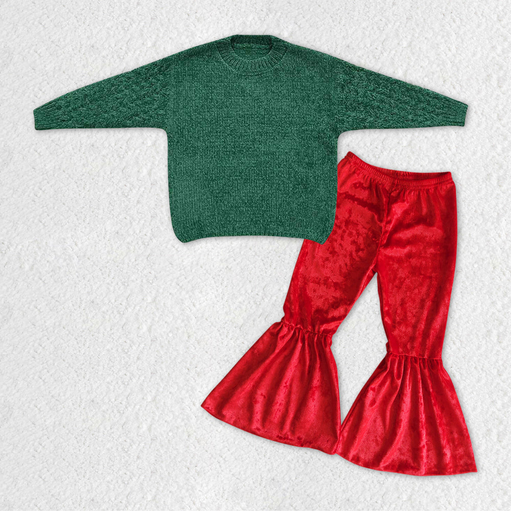 GLP1063 RTS long sleeve green sweater colorful red velvet pants girl outfit 20231121