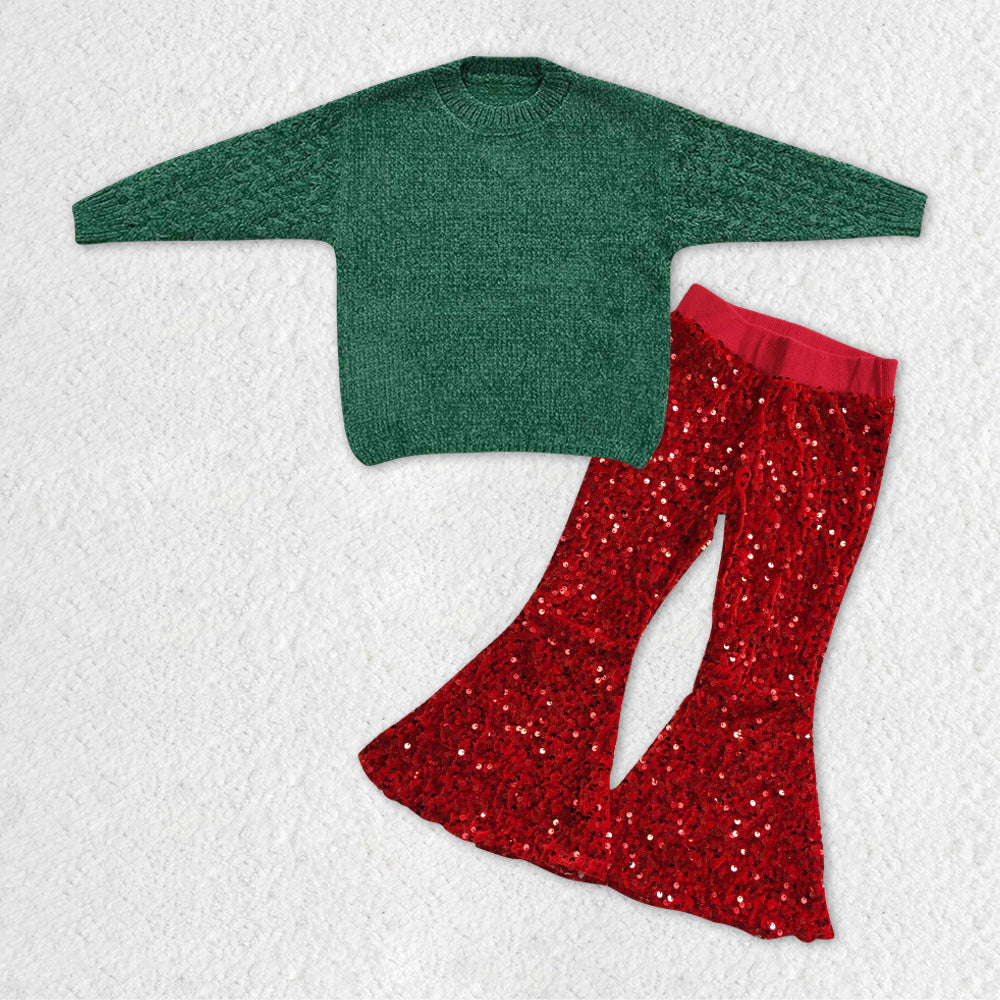 GLP1059 RTS long sleeve green sweater colorful red sequin girl outfit 20231121