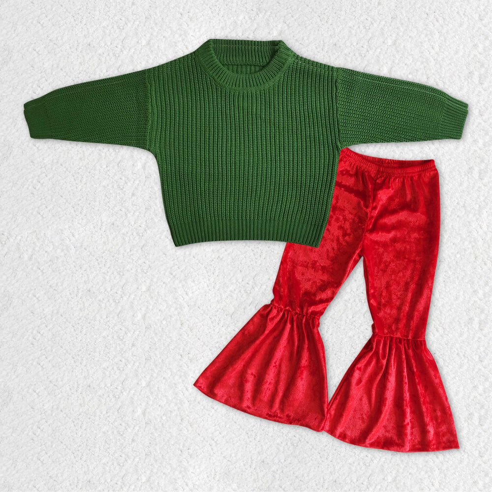GLP1063 RTS long sleeve green sweater colorful red velvet pants girl outfit 20231121