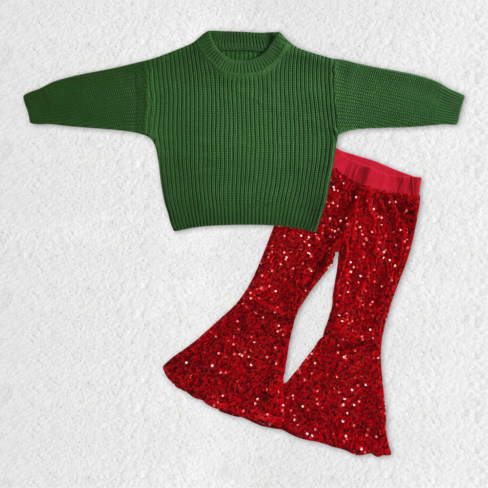 GLP1059 RTS long sleeve green sweater colorful red sequin girl outfit 20231121