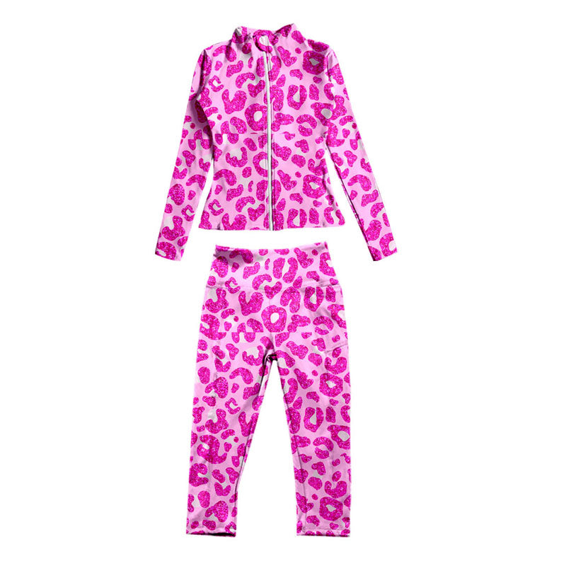 leopard hot pink yoga kids sports clothes GLP1492 girl pajamas outfit 202407 preorder