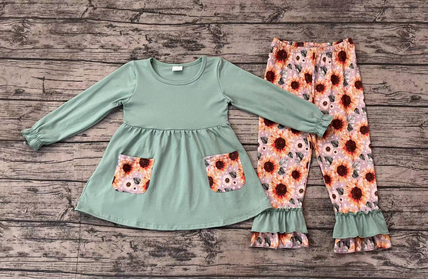 GLP1612 western sunflower long sleeve girl pajamas outfit 202410 sibling RTS