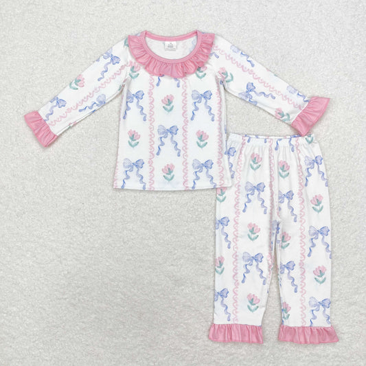 GLP1693 Bamboo  Christmas bow flowers sibling girl pajamas outfit 202408 RTS