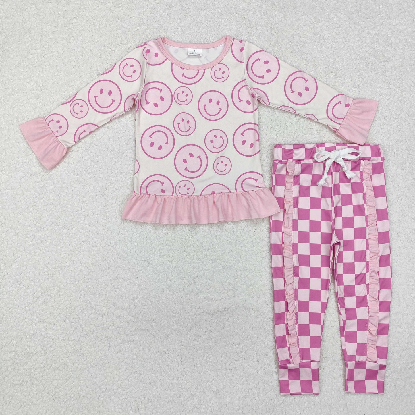 GLP1722 smile checkerboard long sleeve children girl outfit pajamas rts 202411