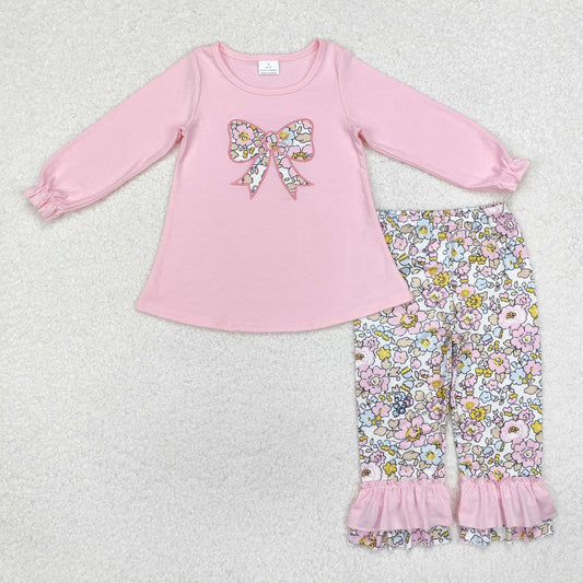 GLP1836 bow embroidery Christmas flower long sleeve girl outfit 202410  sibling