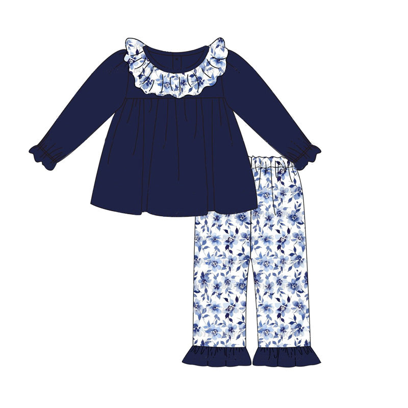 GLP1870 solid cotton blue flowers long sleeve girl outfit 202408 sibling preorder