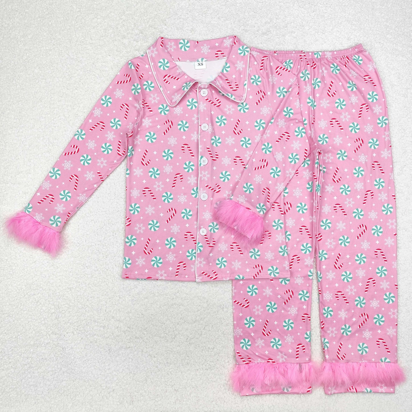 GLP2028 adult pajamas Christmas cane fur fluffy sleeves pink long outfit 202411 sibling RTS
