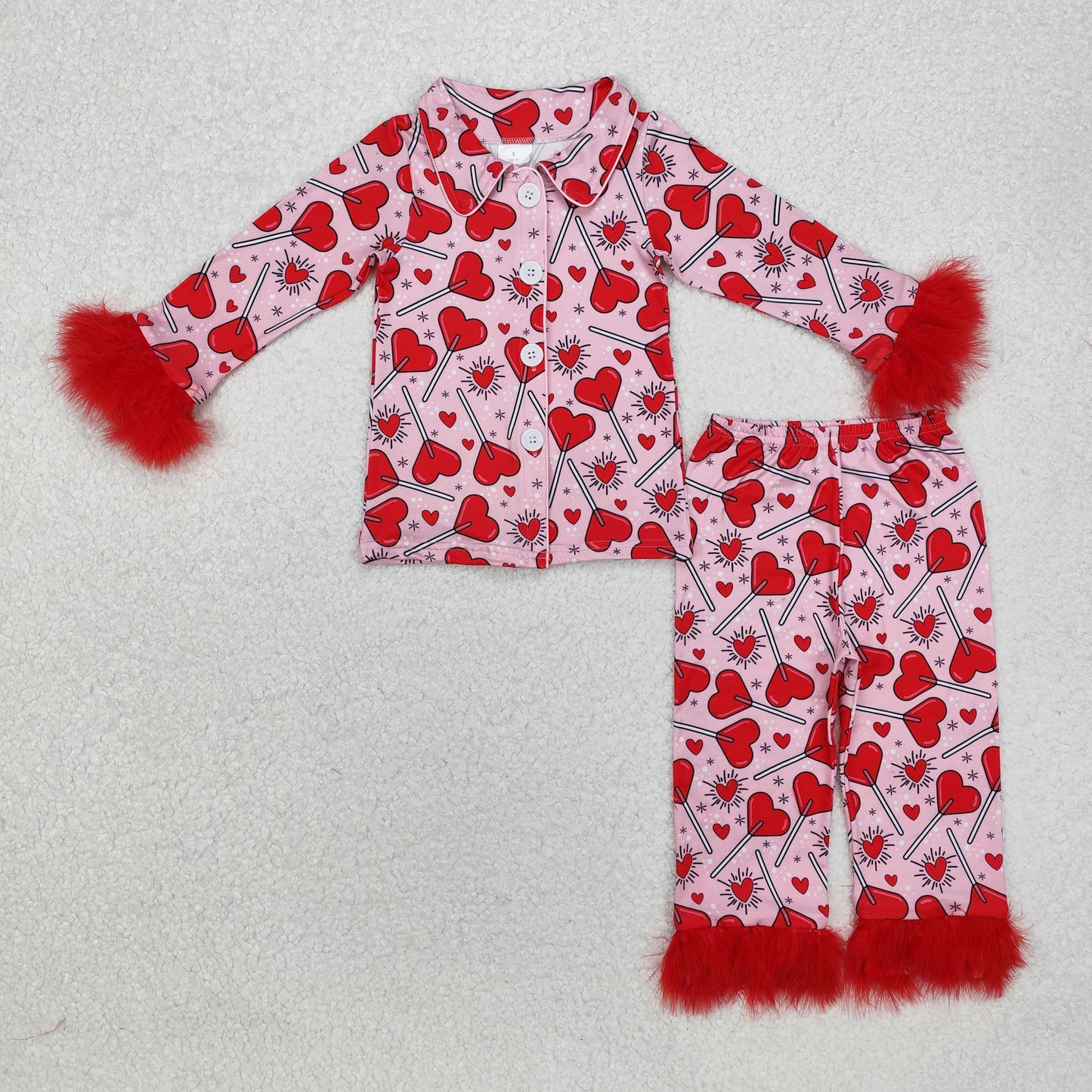 GLP2266 checkerboard love Valentine's Day fluffy fur love baby clothes girl pajamas outfit 202412 RTS sibling