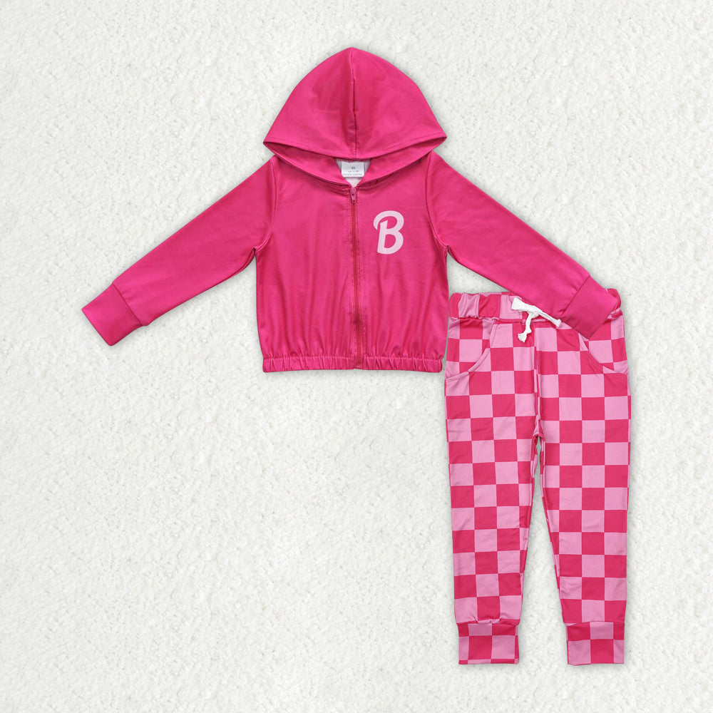 GLP2320 组合 hoodie zipper barbie hot pink checkerboard girl outfit 202412 RTS