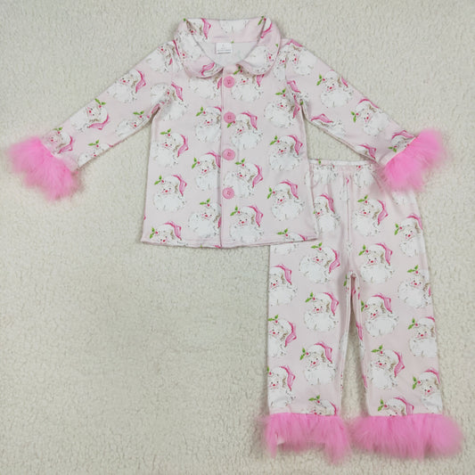 GLP2376 feather bow Christmas Santa kids girl Pajamas outfit 202507 RTS