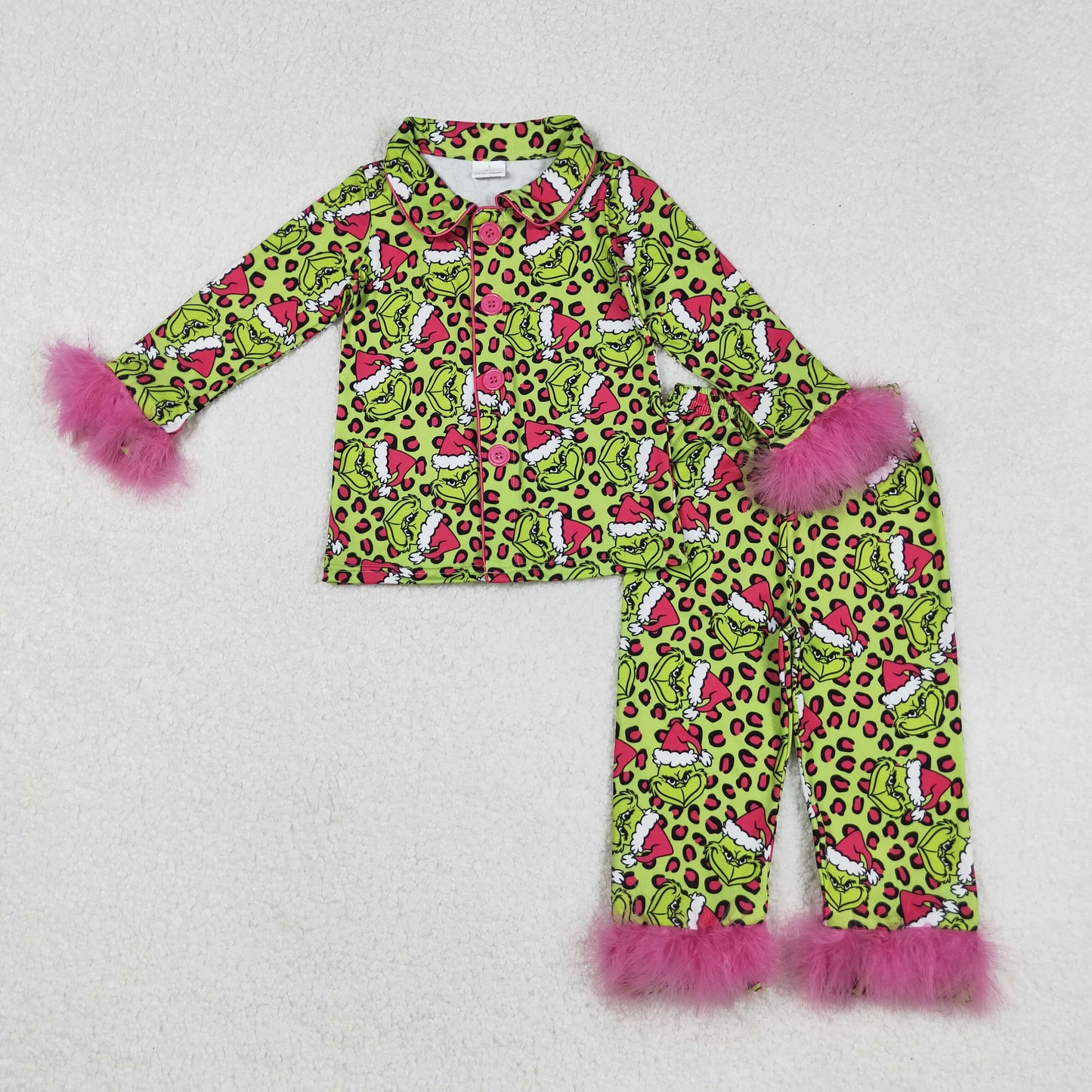 GLP2669 grinch feather Christmas western kids girl pajamas outfit 202509 RTS
