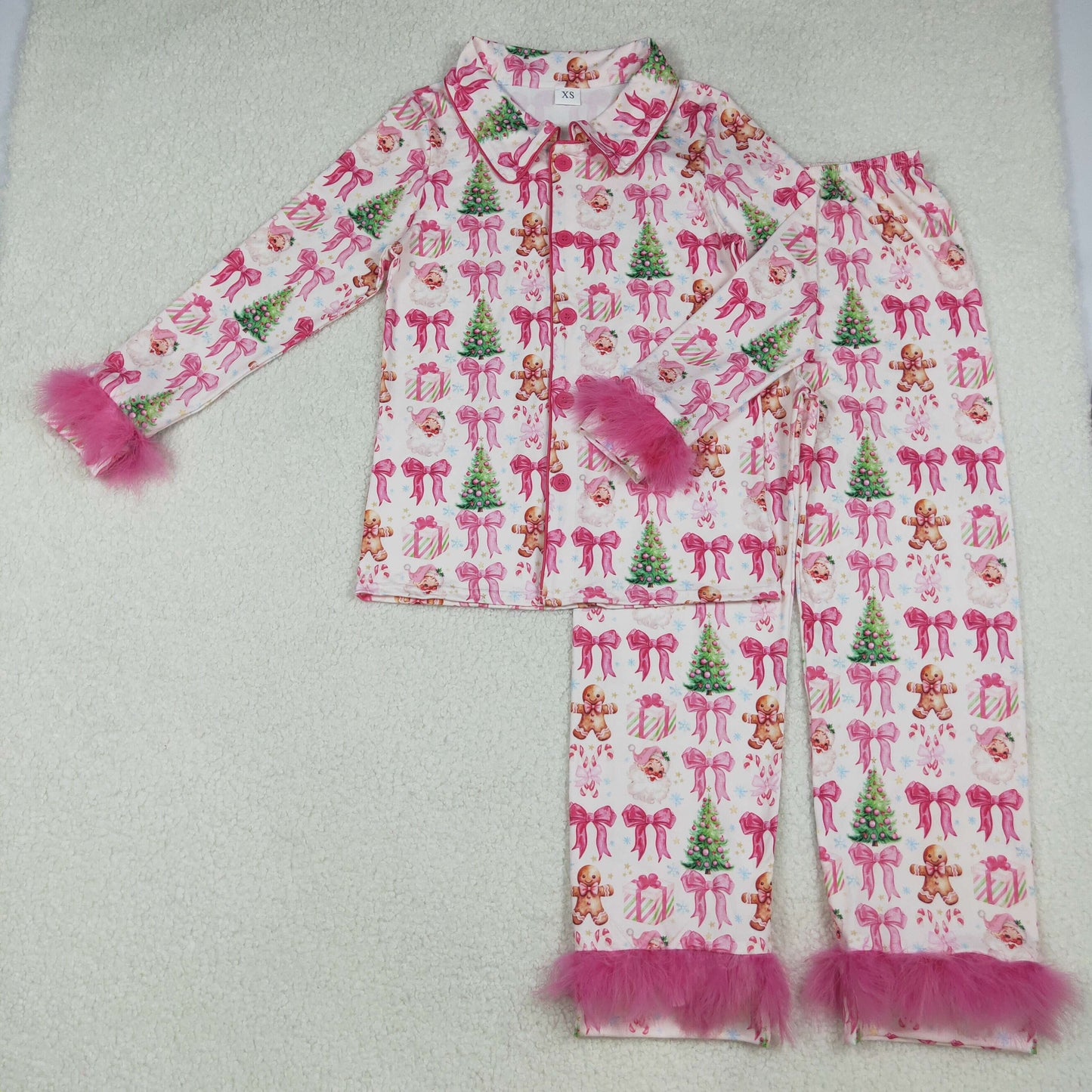 GLP2717 adult pajamas Christmas gingerbread bow feather fur fluffy sleeves pink long women outfit 202508 sibling