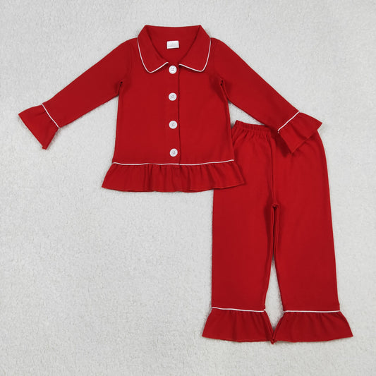 GLP2789  red cotton flare long sleeve long ruffle pants girl pajamas outfit RTS