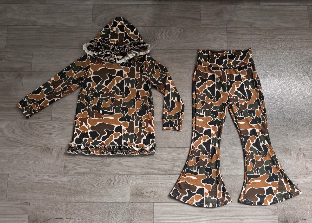 Sample-Real Pics GLP3078 Baby Girl Clothes Camo Print Long Sleeve Ruffle Hooded Top Flare Pant Set