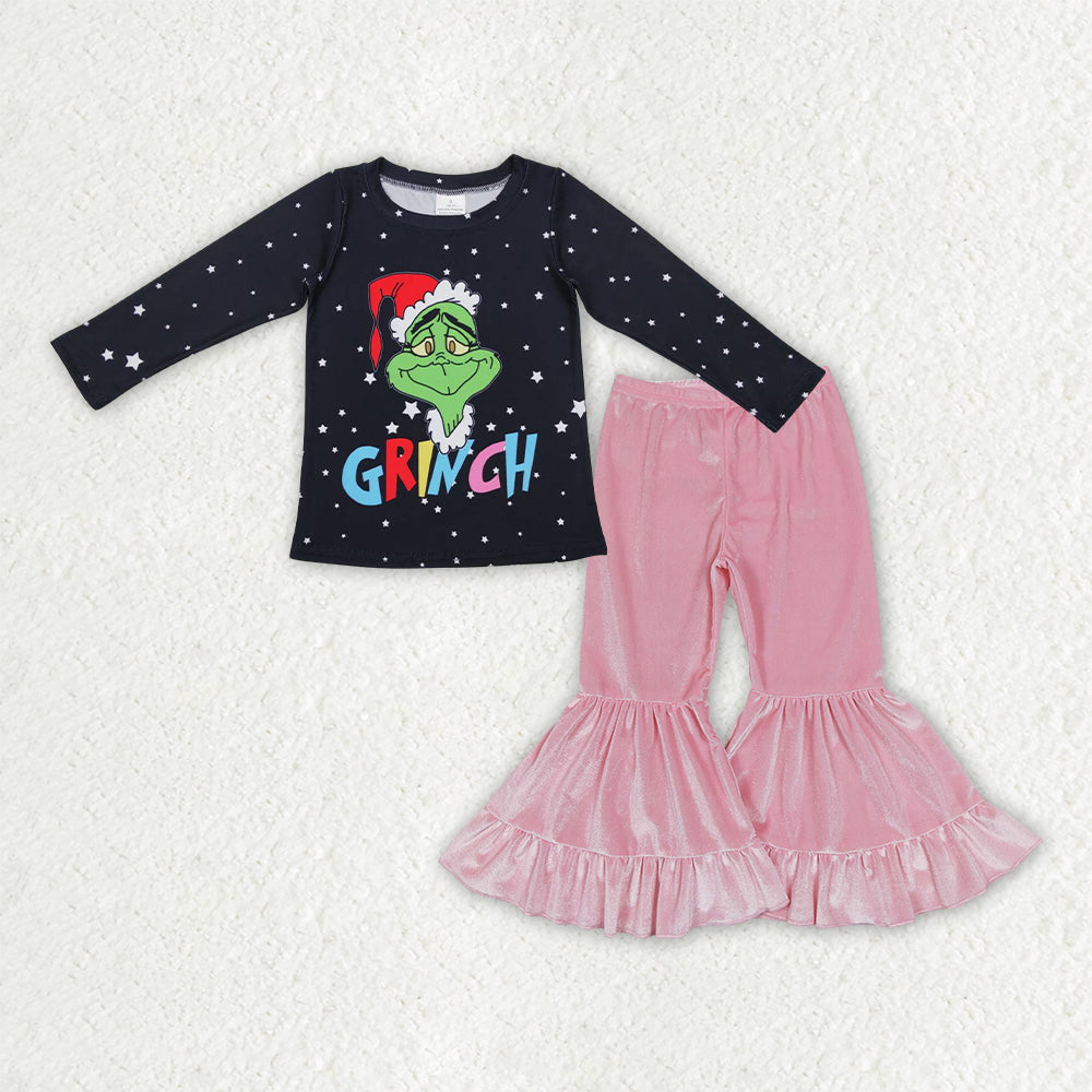 GLP3185组合 grinch Christmas pink velvet short sleeve kids girl outfit 202511 RTS