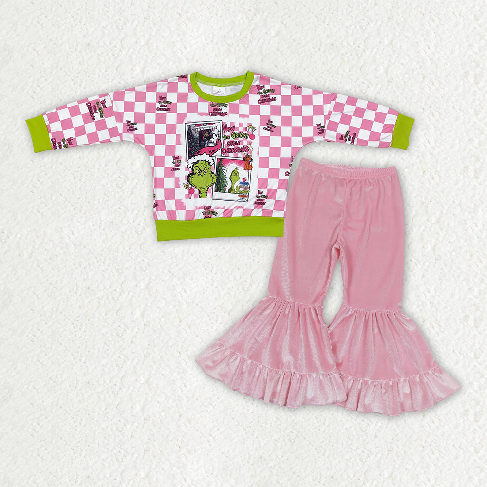 GLP3187 组合 grinch Christmas pink velvet short sleeve kids girl outfit 202511 RTS
