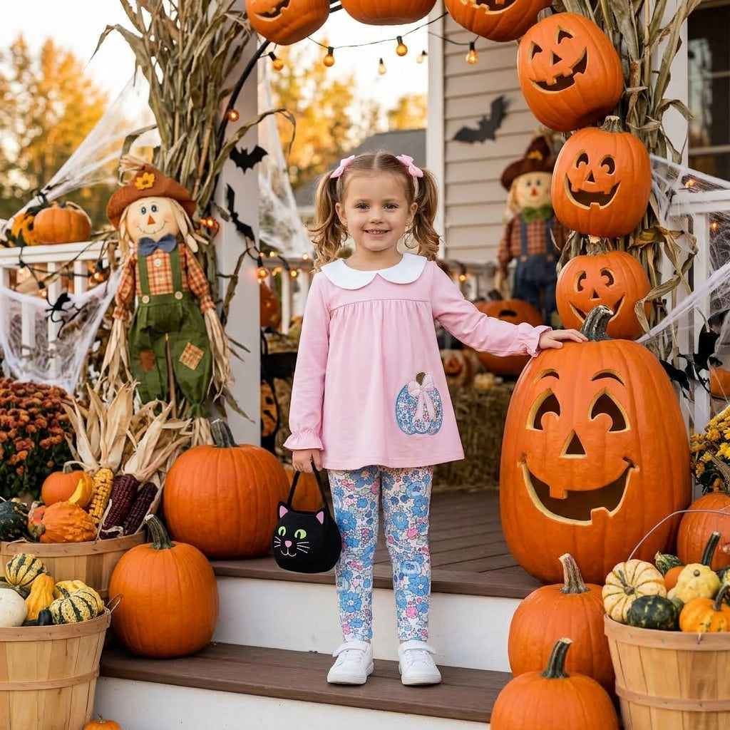 NO MOQ RTS GLP3319-embroidery Baby Girl Clothes Pink Peter Pan Collar Pumpkin Applique Top Floral Pants Set 202609