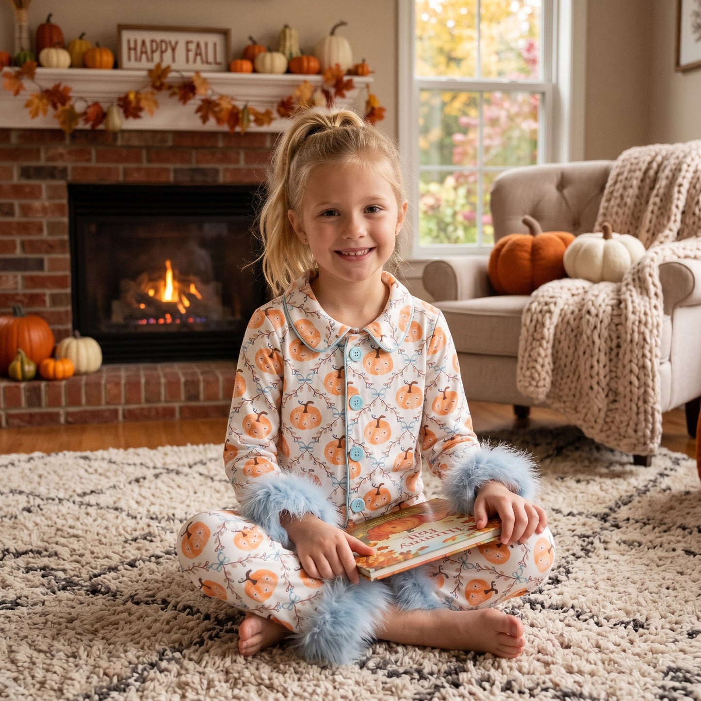 GLP3338 RTS Girls Fall 2‑Piece Pumpkin Print Pajama Set Long Sleeve Fur Trim Sleepwear 202608