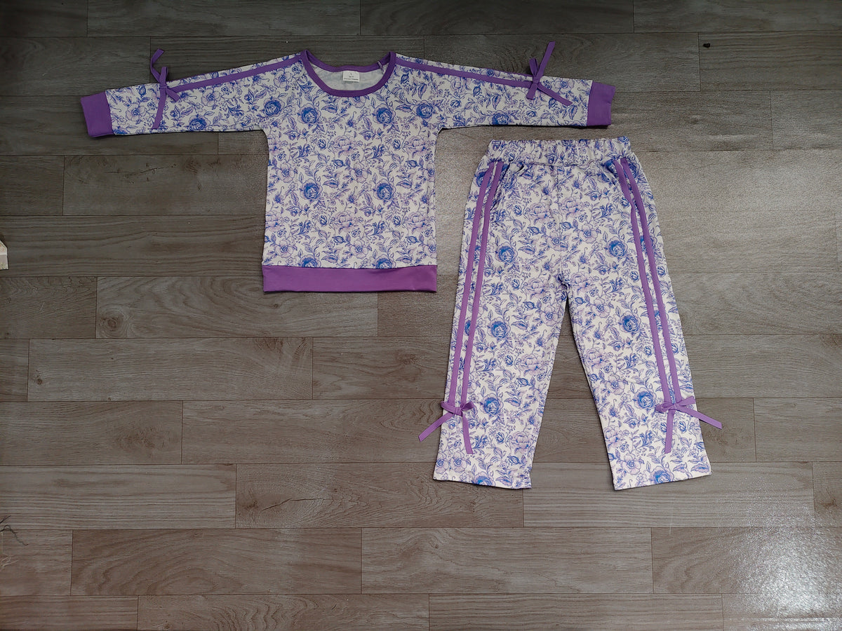 Sample-Real Pics GLP3365 Baby Girl Clothes Blue Purple Floral Print Long Sleeve Bow Pant Set