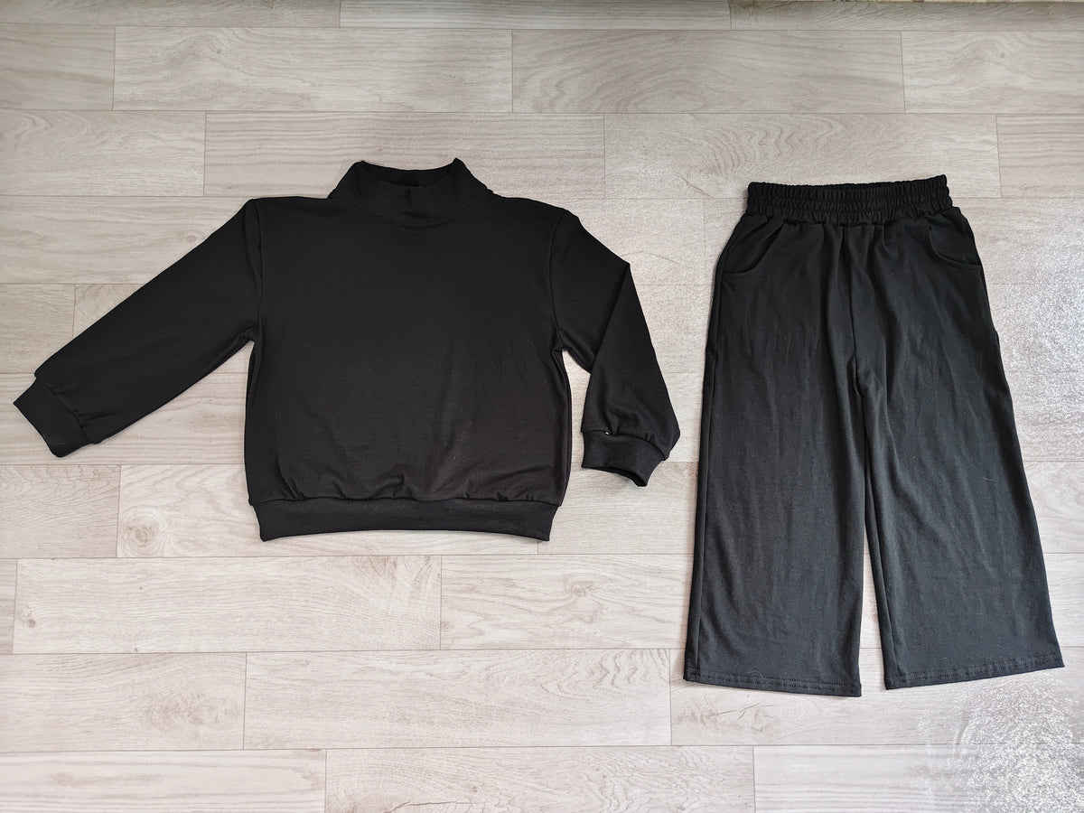 Sample-Real Pics GLP3411 Baby Girl Clothes Solid Black Plain Print Long Sleeve Mock Neck Top Wide Leg Pant Set