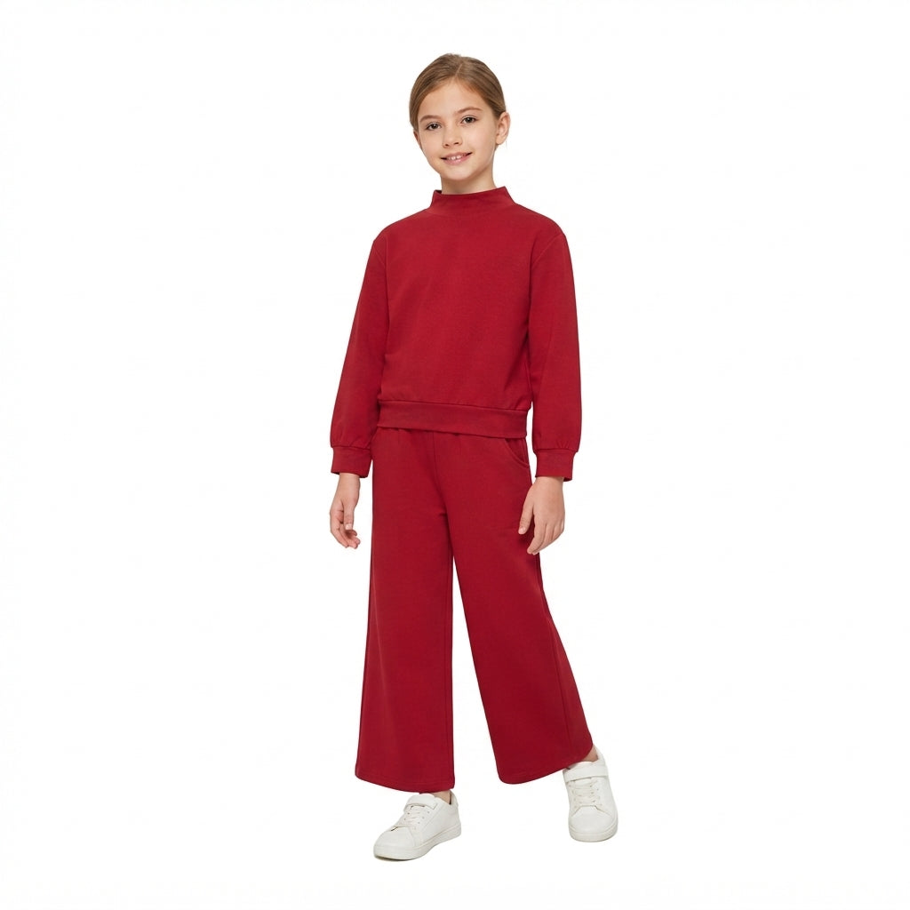 NO MOQ RTS GLP3413 Baby Girl Clothes Solid Burgundy Plain Print Long Sleeve Mock Neck Wide Leg Pant Set 202610