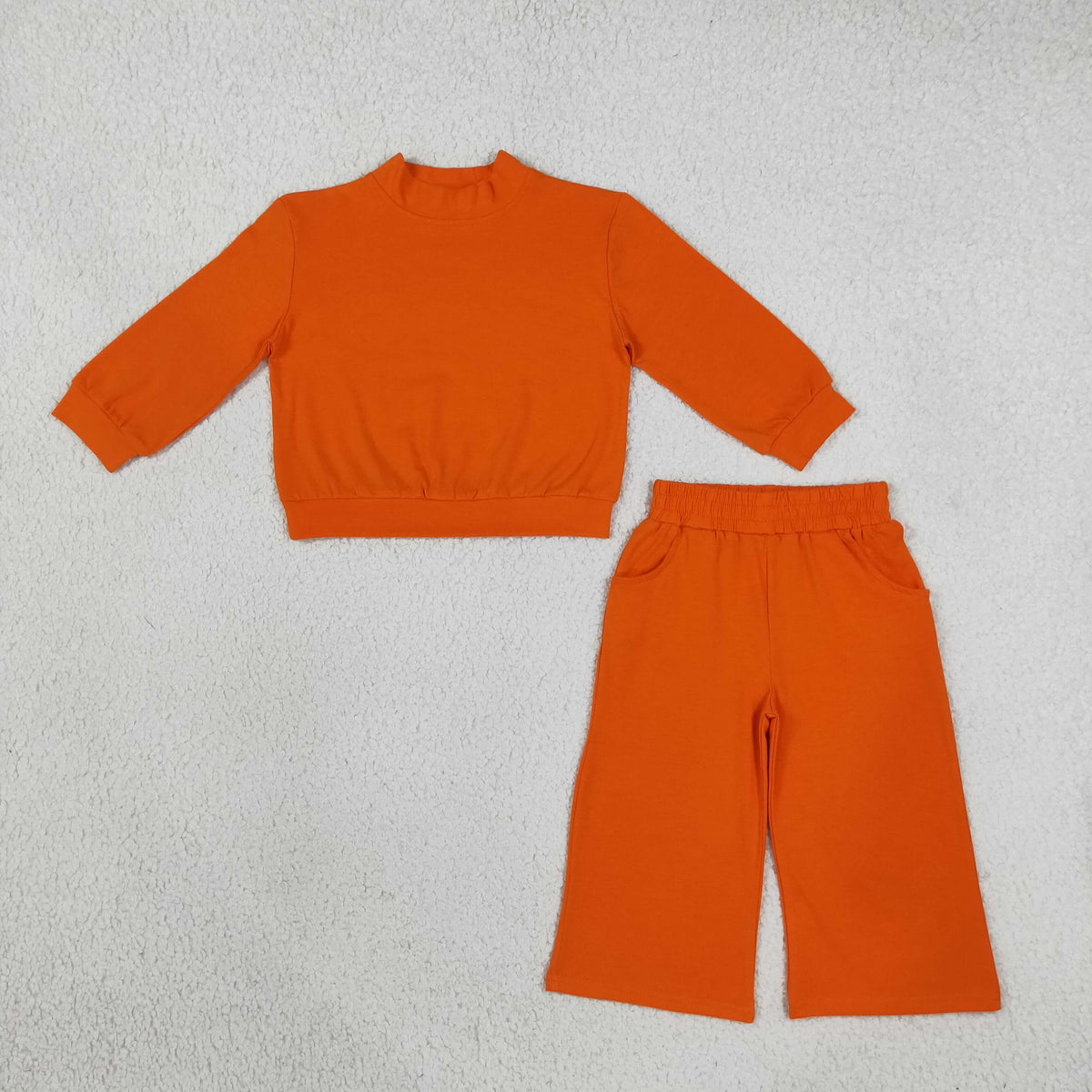 NO MOQ RTS GLP3414 Baby Girl Clothes Solid Orange Plain Print Long Sleeve Mock Neck Wide Leg Pant Set 202610