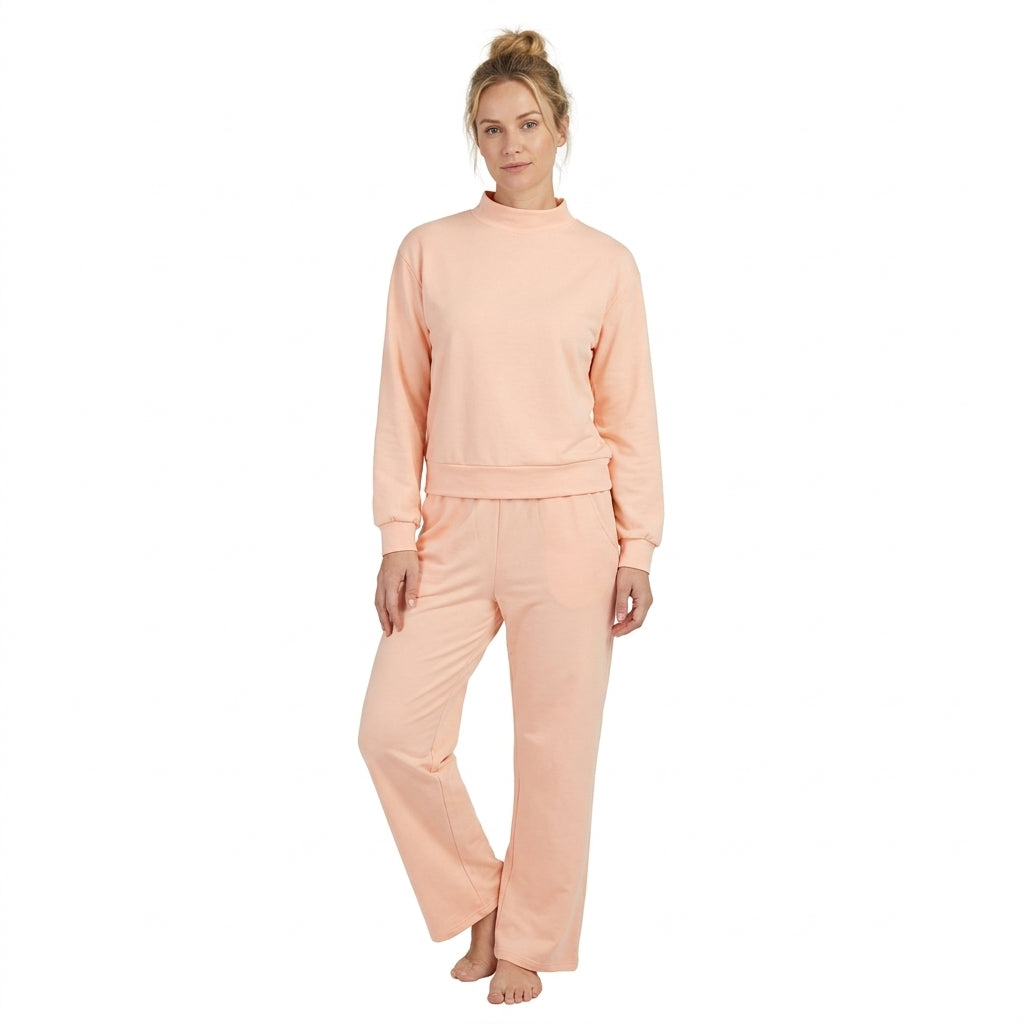 NO MOQ RTS GLP3415 women Clothes Solid Peach Plain Print Long Sleeve Ruffle Mock Neck Wide Leg Pant Set 202610