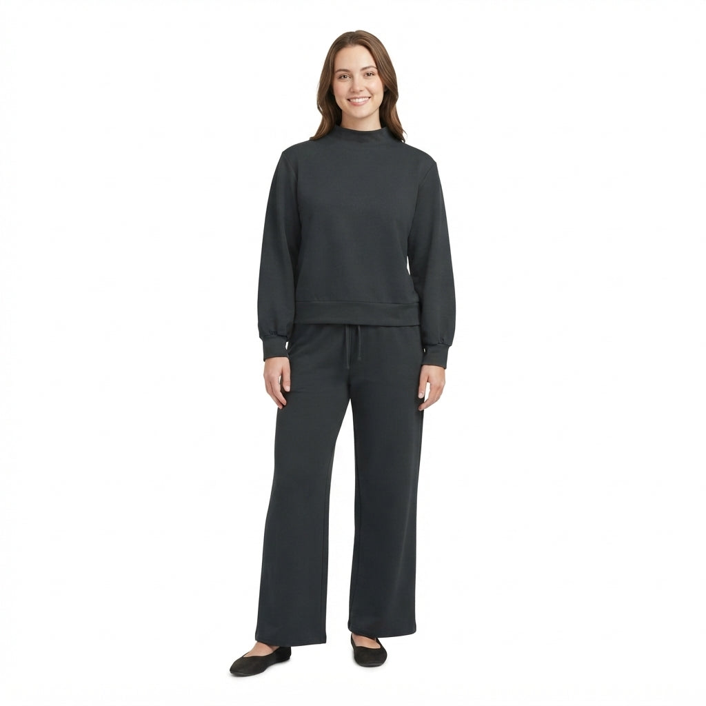 NO MOQ RTS GLP3416-women (2) Women Clothes Solid Black Plain Print Long Sleeve Mock Neck Top Wide Leg Pant Set 202609