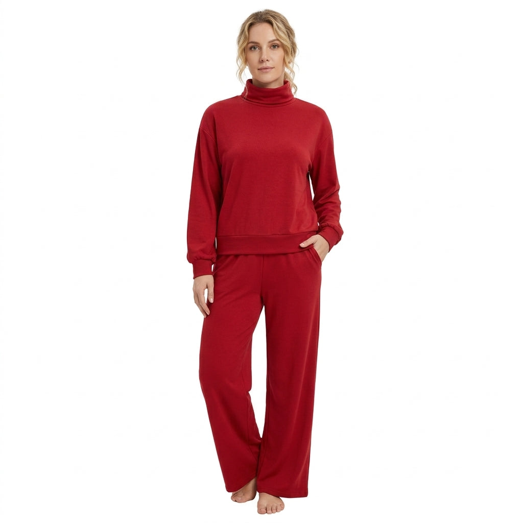 NO MOQ RTS GLP3418 women Clothes Solid Red Plain Print Long Sleeve Ruffle Mock Neck Wide Leg Pant Set 202610