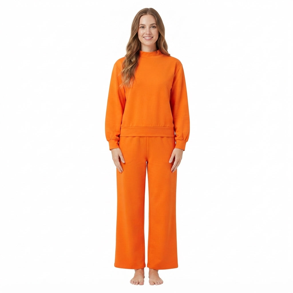 NO MOQ RTS GLP3419 women Clothes Solid Orange Plain Print Long Sleeve High Neck Wide Leg Pant Set 202610