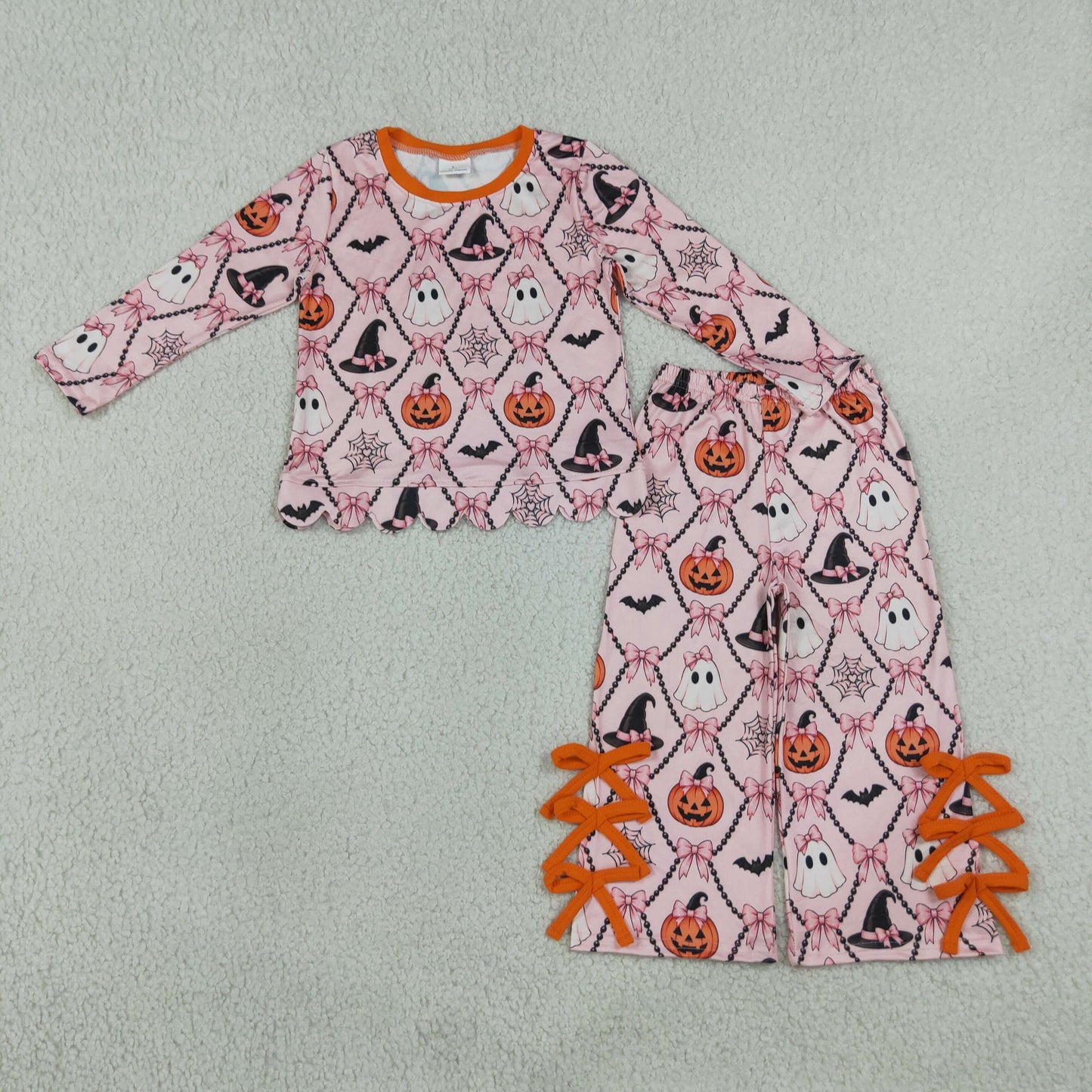 RTS GLP3434 scallop Kids Halloween Print Scalloped Trim Long Sleeve Pajama Set 202608