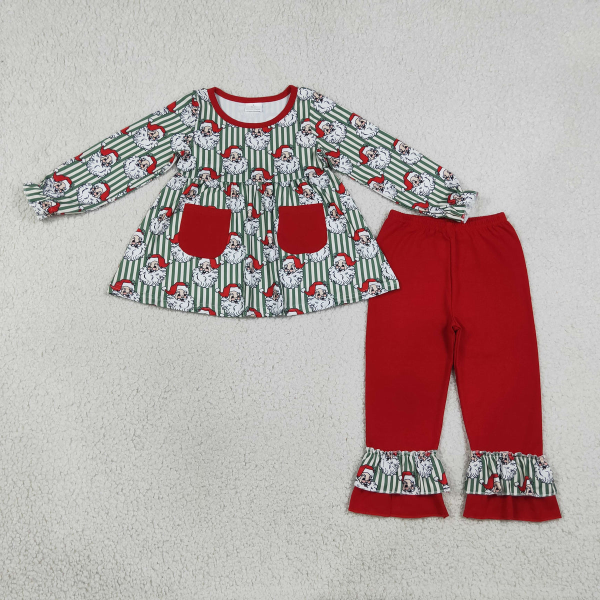 NO MOQ RTS GLP3454 Christmas Santa Girl Set Green Stripe Top & Red Pants 2Pcs