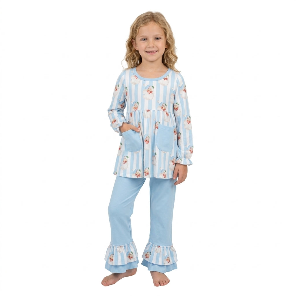 NO MOQ RTS GLP3455 Baby Girl Clothes Blue White Stripe Santa Claus Print Long Sleeve Top Ruffle Pant Set 202609