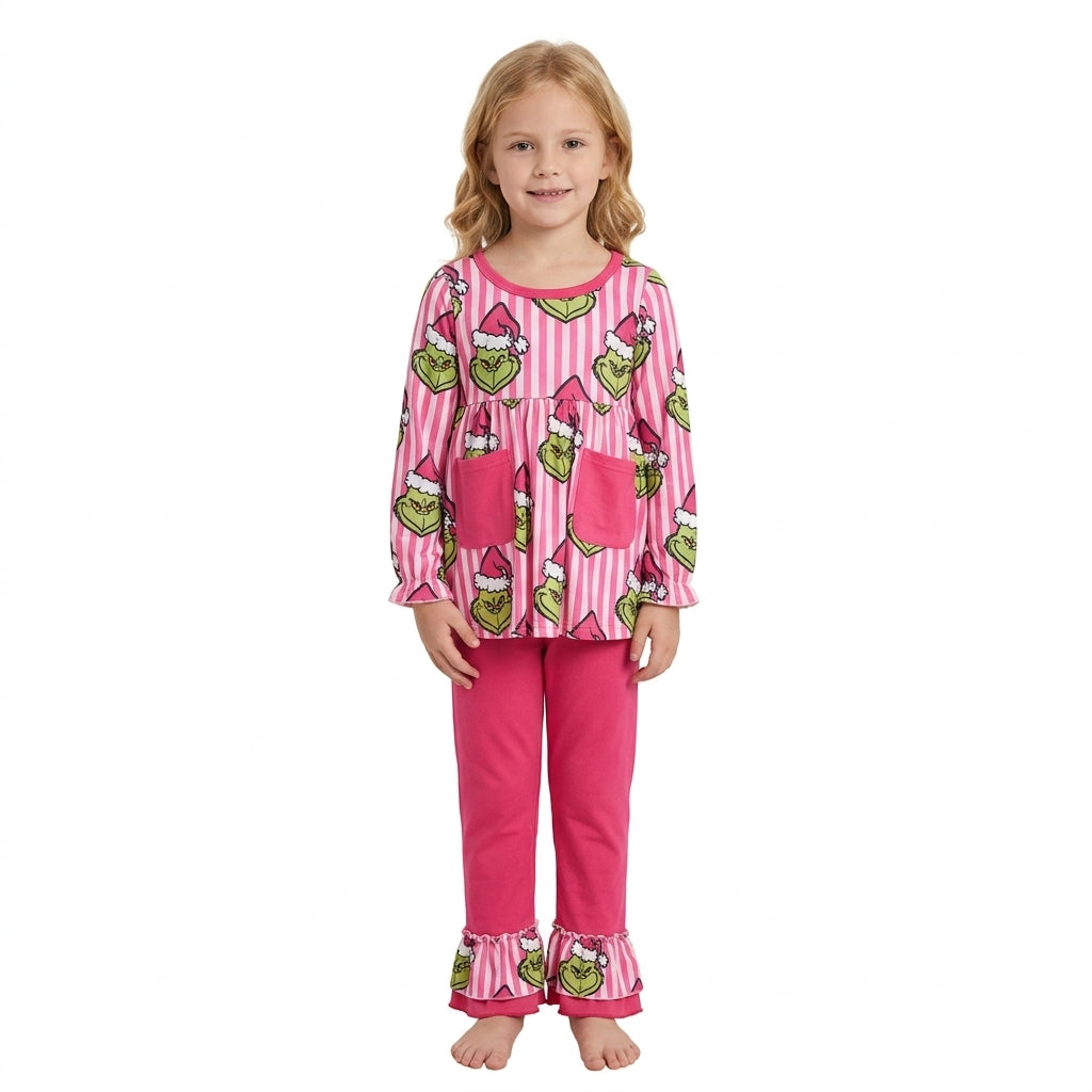 NO MOQ RTS GLP3458 (2) Baby Girl Clothes Pink White Stripe Green Monster Christmas Print Long Sleeve Top Ruffle Pant Set 202609