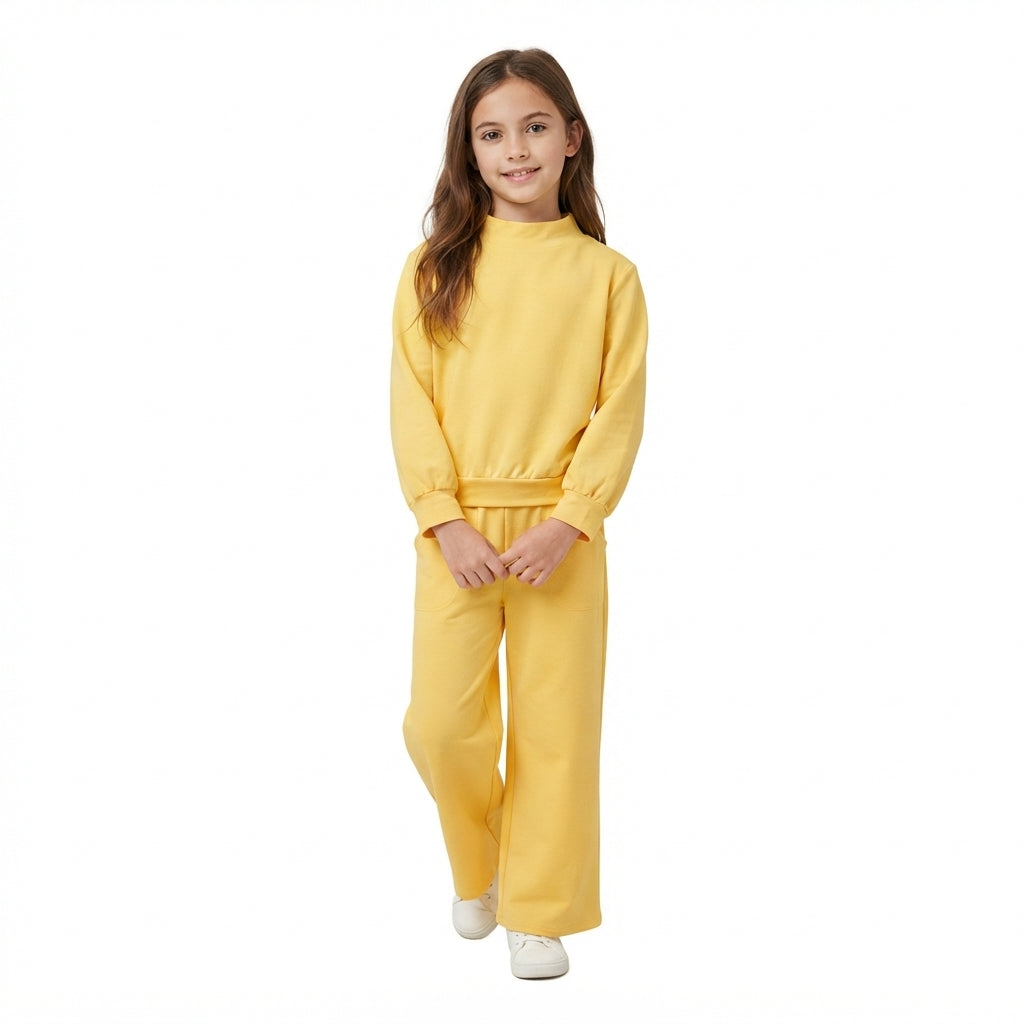 NO MOQ RTS GLP3473 (2) Baby Girl Clothes Solid Yellow Plain Print Long Sleeve Mock Neck Wide Leg Pant Set 202609