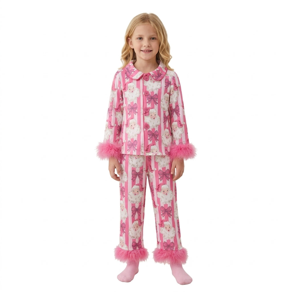 NO MOQ RTS GLP3478 Baby Girl Clothes Santa Bow Striped Print Long Sleeve Feather Cuff Pajama Set 202609