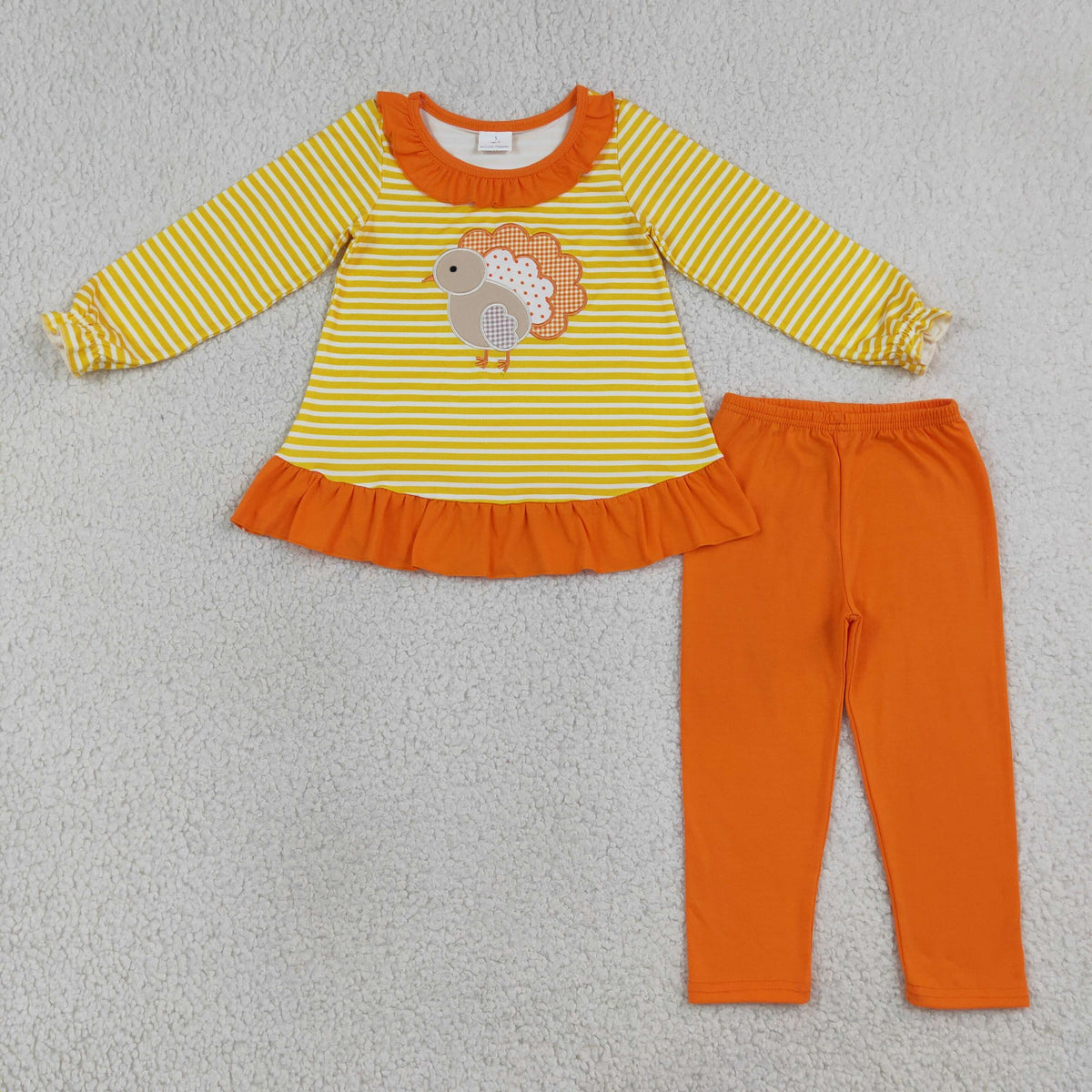 NO MOQ RTS GLP3493-embroidery Baby Girl Clothes Thanksgiving Turkey Applique Stripe Long Sleeve Top Pants Set 202609