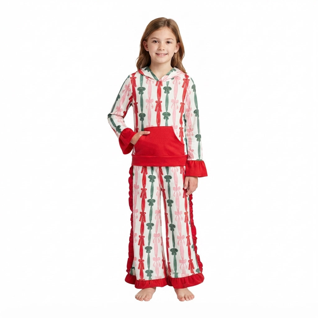 Preorder GLP3497 Ribbon Bow Print Kids Hoodie Pants Set 2Pcs Set kid outfit 202608